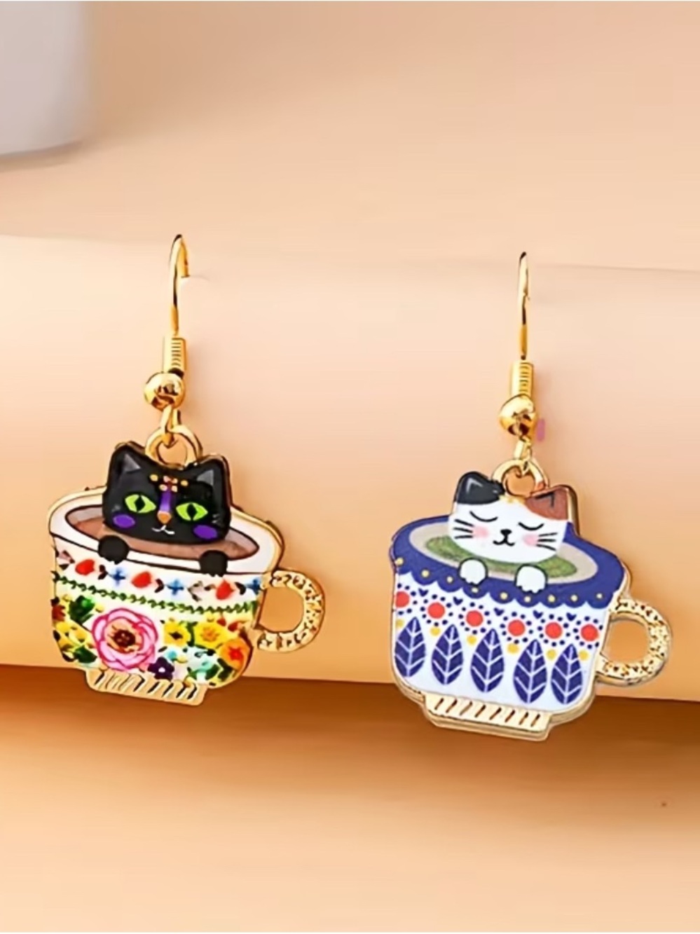 Cute Cat in Teacup Enamel Drop Earrings - Multicolor